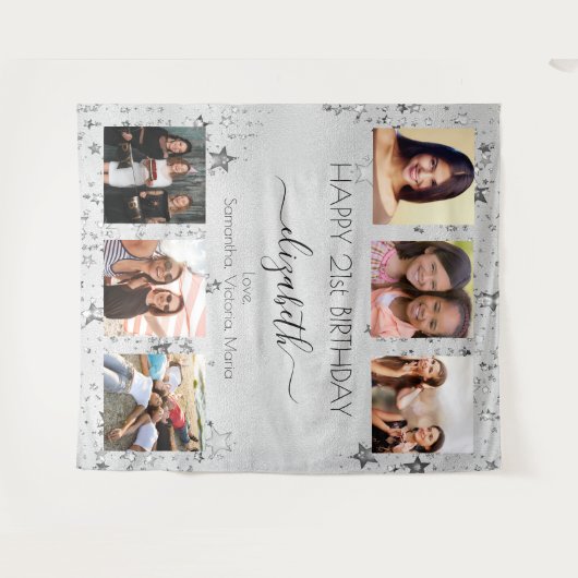 誕生日シルバー写真コラージュ ベストフレンド タペストリー (正面(横))