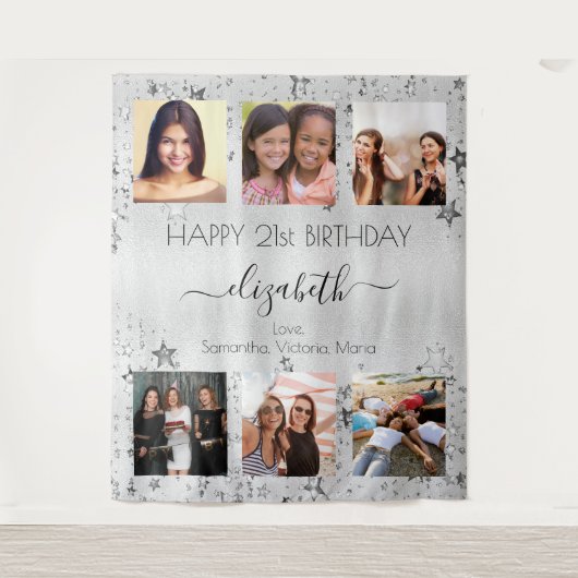 誕生日シルバー写真コラージュ ベストフレンド タペストリー (正面)