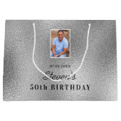 誕生日シルバー写真名男 ラージペーパーバッグ (正面)