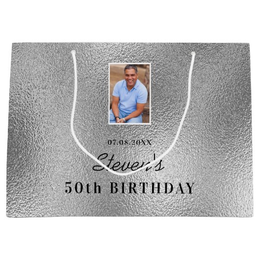誕生日シルバー写真名男 ラージペーパーバッグ (正面)
