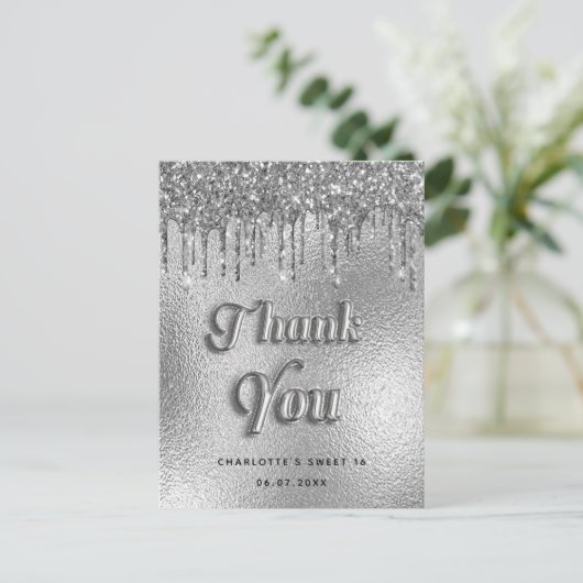 誕生日シルバー箔グリッターモダン感謝していユー ポストカード (スタンド正面)