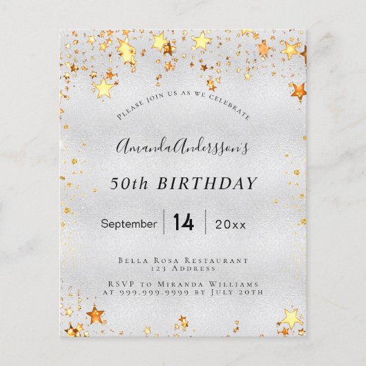 誕生日シルバー金ゴールドスターズの予算招待状 チラシ (正面)