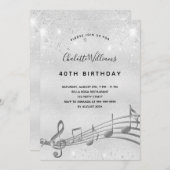 誕生日シルバー音楽ノートメタルグリッター40th 招待状 (正面/裏面)