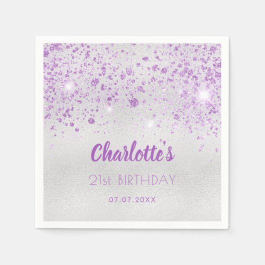 誕生日シルバー メタル パープル グリッター モノグラム スタンダードカクテルナプキン (正面)