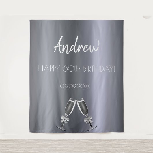 誕生日シルバーfoxメンズグレーモダン応援 タペストリー (正面)