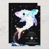 誕生日シンプルディープシーブルーシャーク 招待状 (正面/裏面)