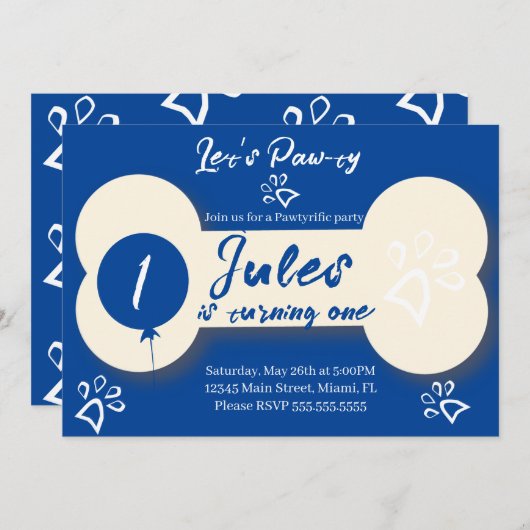 誕生日シンプルドッグボーンポーティパーティーブルー 招待状 (正面/裏面)