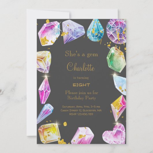 誕生日ジェムパーティークリスタルガールズウォーター色 招待状 (正面)