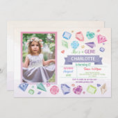 誕生日ジェムパーティークリスタルガールズパステルフォト 招待状 (正面/裏面)