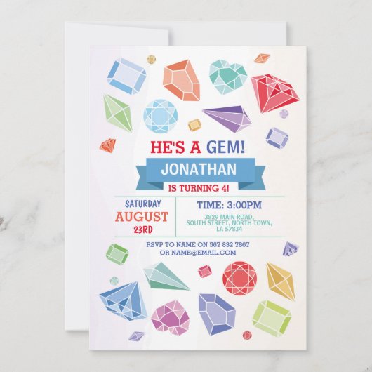 誕生日ジェムパーティークリスタルブルーレッドジェード 招待状 (正面)
