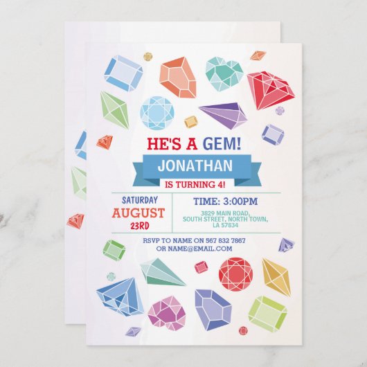 誕生日ジェムパーティークリスタルブルーレッドジェード 招待状 (正面/裏面)