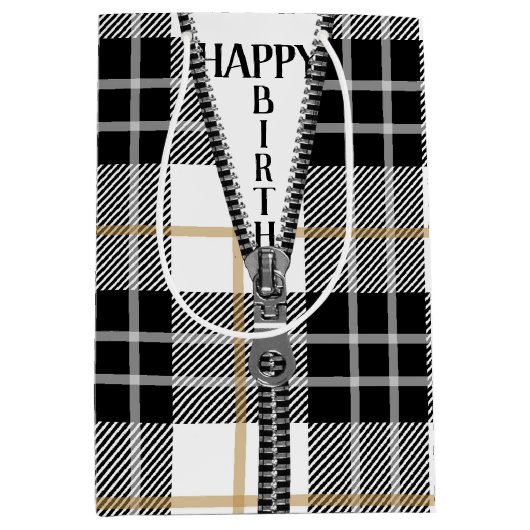 誕生日ジッパーオンタータンチェックプレイド ミディアムペーパーバッグ (正面)