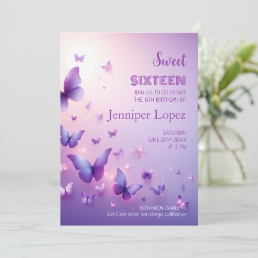 誕生日スウィート16招待状 – パープルバタフライ 招待状 (スタンド正面)