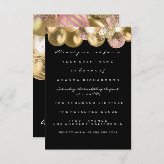 誕生日スウィート16thピンクの金ゴールドバルーン黒 招待状 (正面/裏面)
