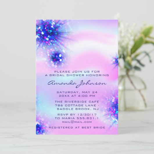 誕生日スウィート16thホログラフィックブルーピンク 招待状 (スタンド正面)