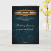 誕生日スチームパンク、コグ、ギア、真鍮、青 カード (黄色い花)