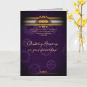 誕生日スチームパンク、コグ、ギア、紫王室の色 カード (黄色い花)