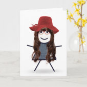 誕生日スティックガールとレッドハット カード (黄色い花)