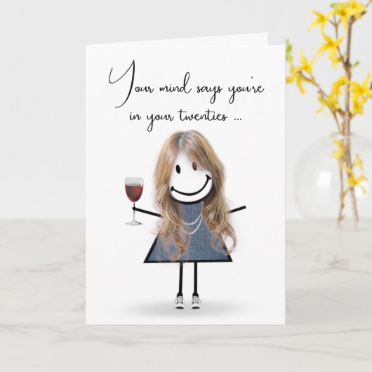 誕生日スティックガールとワイングラス カード (黄色い花)