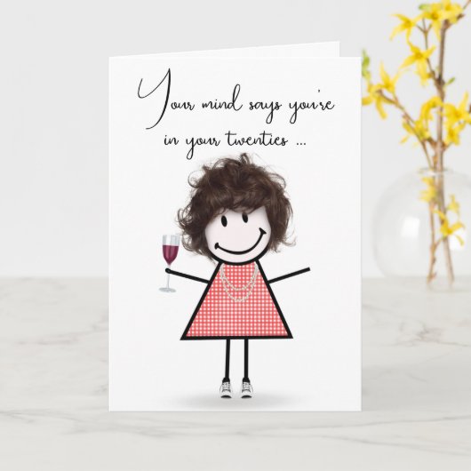 誕生日スティックガールとワイングラス カード (黄色い花)