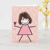 誕生日スティックガールと赤ワイン カード (黄色い花)