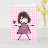 誕生日スティックガールと赤ワイン カード (黄色い花)