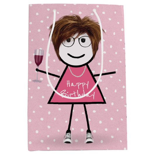 誕生日スティックガールオン水玉模様 ミディアムペーパーバッグ (正面)