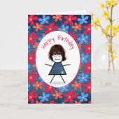 誕生日スティックガール&デイジーオンブルーデニム カード (黄色い花)