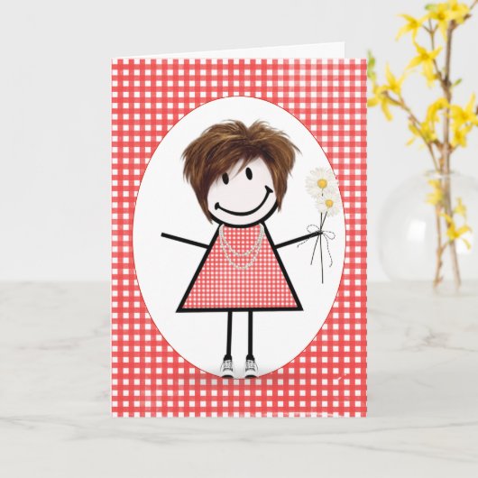 誕生日スティックスフィギュアルガールオンレッドジンガム カード (黄色い花)