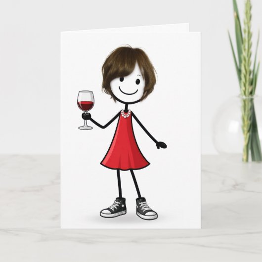 誕生日スティックフィギュアの女の子とワイングラス カード (正面)