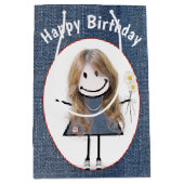 誕生日スティックフィギュアガールオンデニム ミディアムペーパーバッグ (正面)