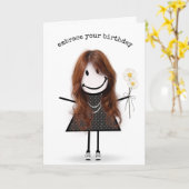 誕生日スティックフィギュア女の子とデイジーカード カード (黄色い花)