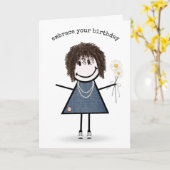 誕生日スティックフィギュア女の子とデイジーカード カード (黄色い花)