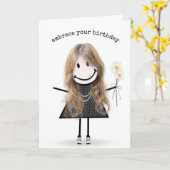 誕生日スティックフィギュア女の子とデイジー カード (黄色い花)