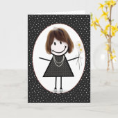 誕生日スティックフィギュア女の子とデイジー カード (黄色い花)