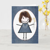 誕生日スティックフィギュア女の子とデイジー カード (黄色い花)