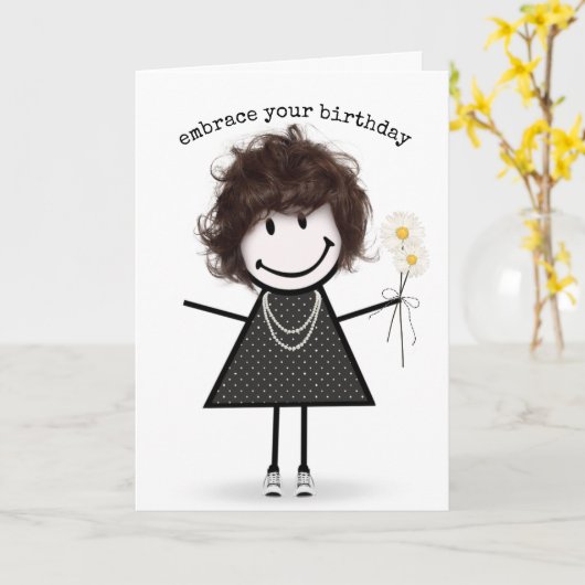 誕生日スティックフィギュア女の子とデイジー カード (黄色い花)