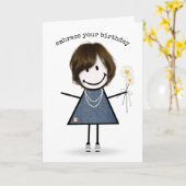 誕生日スティックフィギュア女の子とデイジー カード (黄色い花)