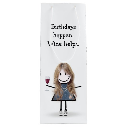誕生日スティックフィギュア女の子とワイングラス ワインギフトバッグ (正面)