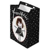 誕生日スティックフィギュア女の子オン水玉模様 ミディアムペーパーバッグ (正面アングル)