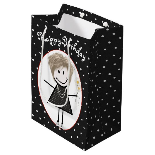 誕生日スティックフィギュア女の子オン水玉模様 ミディアムペーパーバッグ (正面アングル)