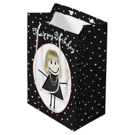 誕生日スティックフィギュア女の子オン水玉模様 ミディアムペーパーバッグ (正面アングル)