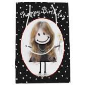 誕生日スティックフィギュア女の子オン水玉模様 ミディアムペーパーバッグ (正面)