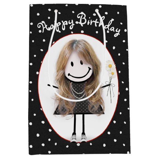 誕生日スティックフィギュア女の子オン水玉模様 ミディアムペーパーバッグ (正面)