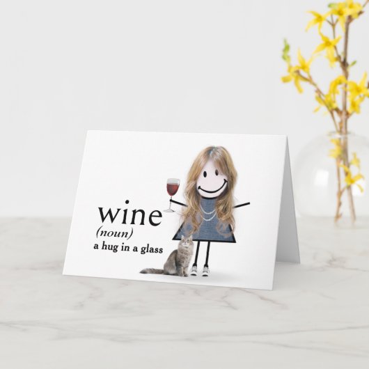 誕生日スティックフィギュア女の子（ワインと猫） カード (黄色い花)