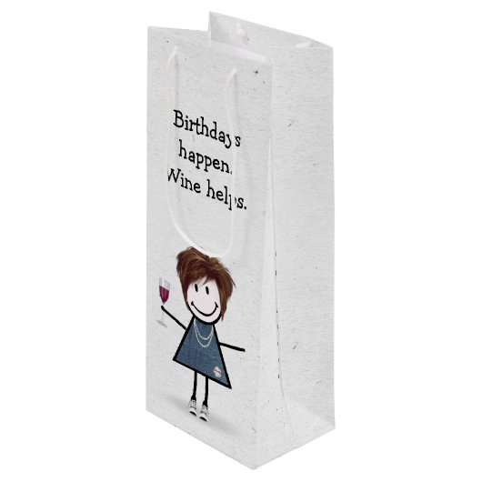誕生日スティックフィギュア少女と赤ワイングラス ワインギフトバッグ (正面アングル)
