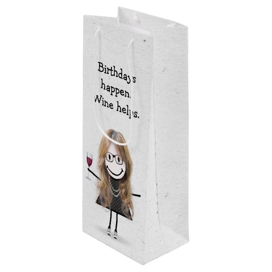 誕生日スティックフィギュア少女と赤ワイングラス ワインギフトバッグ (正面アングル)