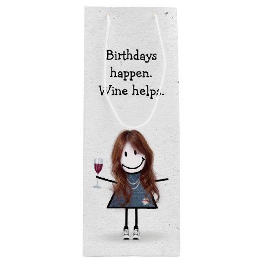 誕生日スティックフィギュア少女と赤ワイングラス ワインギフトバッグ (正面)