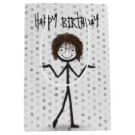 誕生日スティックフィギュア少女（髪とメガネ） ミディアムペーパーバッグ