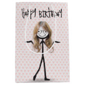 誕生日スティックフィギュア少女（髪とメガネ） ミディアムペーパーバッグ (正面)